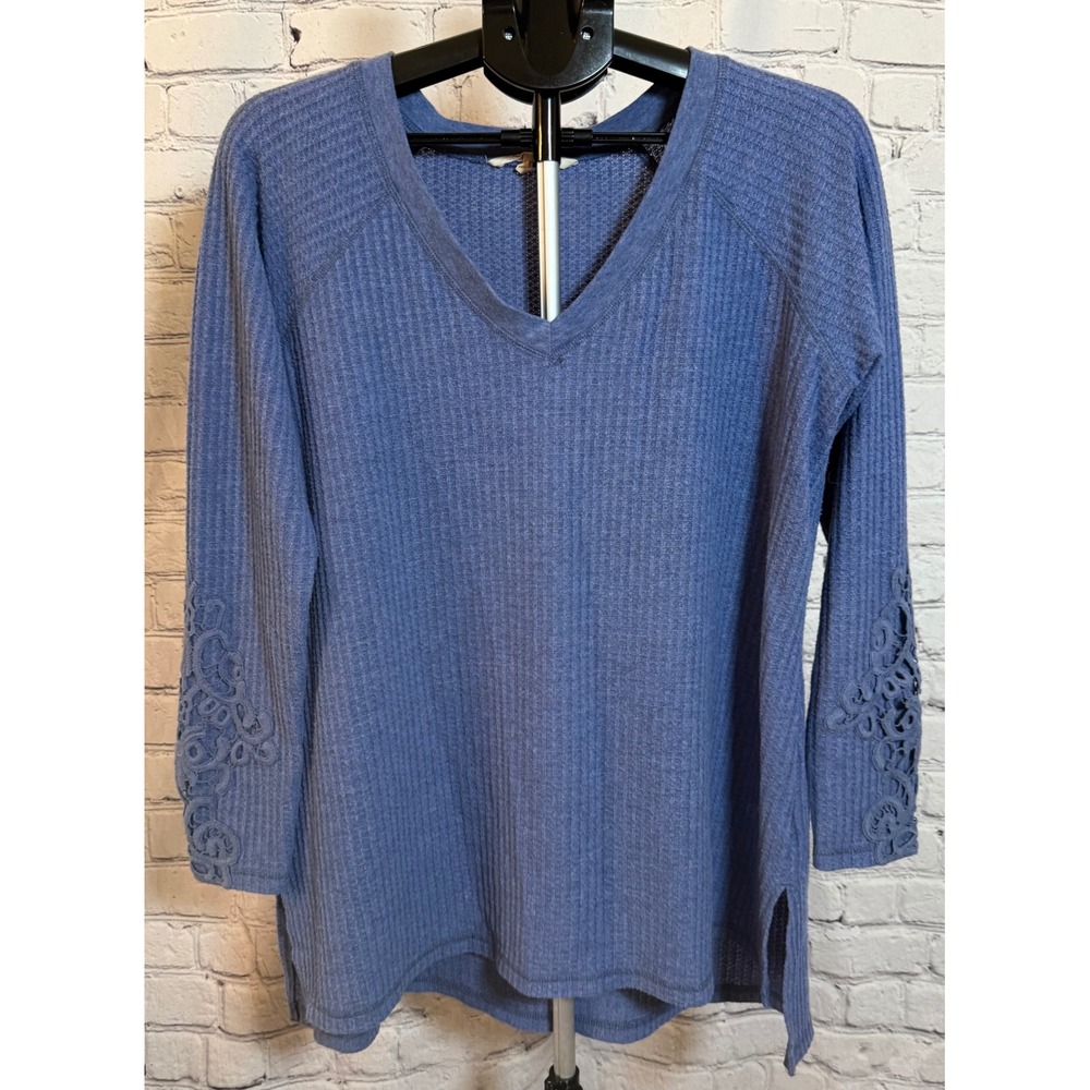 Soft Surroundings Blue Waffle Knit V-Neck Lace Sleeve Top XL